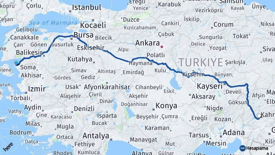 Balıkesir Ayvalık Kahramanmaraş Arası Kaç Km - Yol Haritası