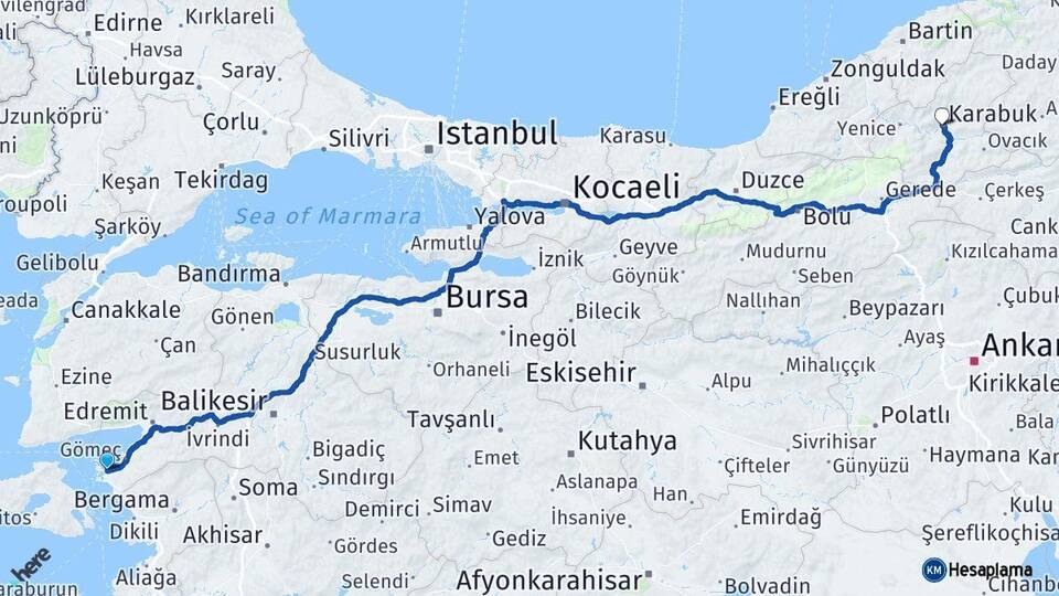 Balıkesir Ayvalık Karabük Arası Kaç Km - Yol Haritası