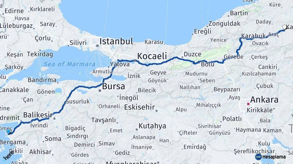 Balıkesir Ayvalık Kastamonu Arası Kaç Km - Yol Haritası