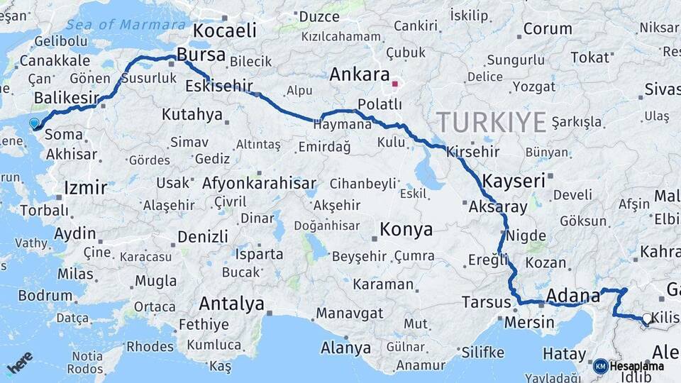 Balıkesir Ayvalık Kilis Arası Kaç Km - Yol Haritası