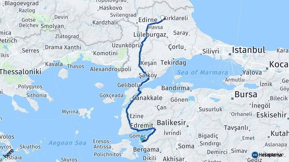 Balıkesir Ayvalık Kırklareli Arası Kaç Km - Yol Haritası