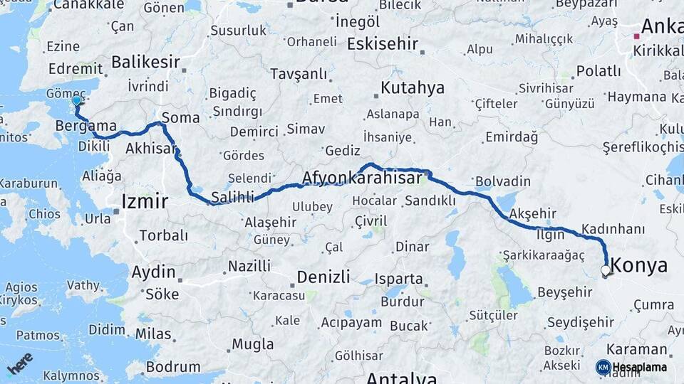 Balıkesir Ayvalık Konya Arası Kaç Km - Yol Haritası