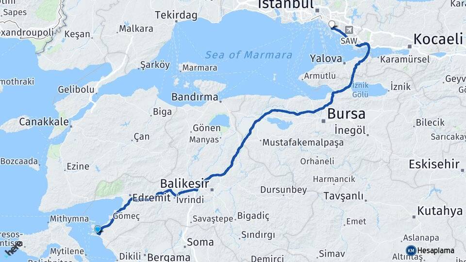 Balıkesir Ayvalık Küçükköy Maltepe İstanbul Arası Kaç Km - Yol Haritası