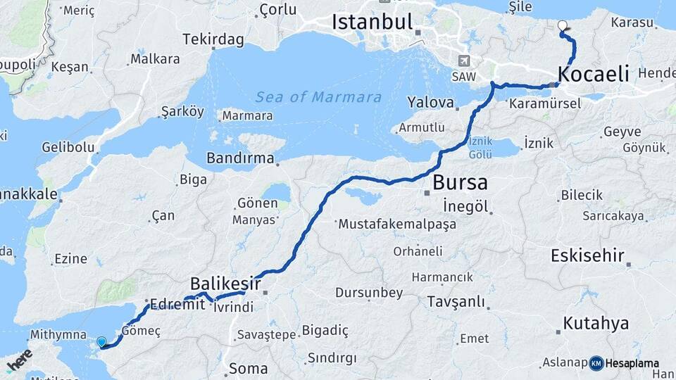 Balıkesir Ayvalık Merkez Erikli Kandıra Kocaeli Arası Kaç Km - Yol Haritası