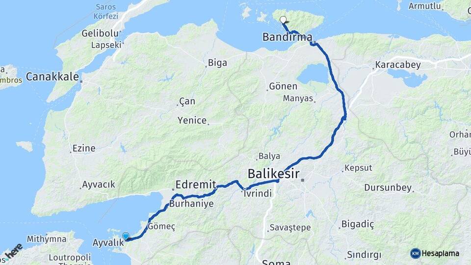 Balıkesir Ayvalık Ocaklar Erdek Arası Kaç Km - Yol Haritası
