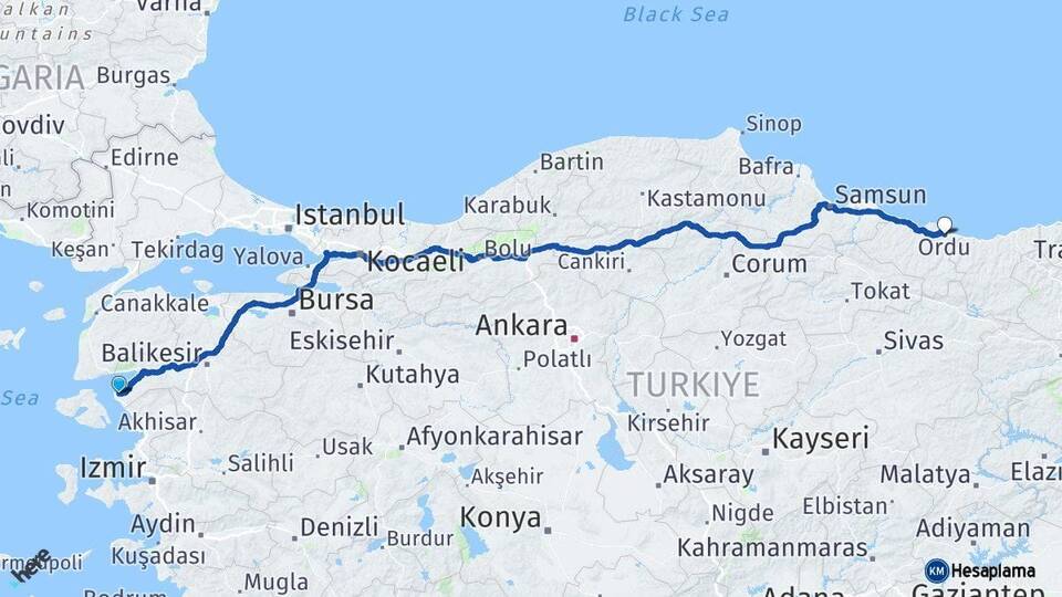 Balıkesir Ayvalık Ordu Arası Kaç Km - Yol Haritası