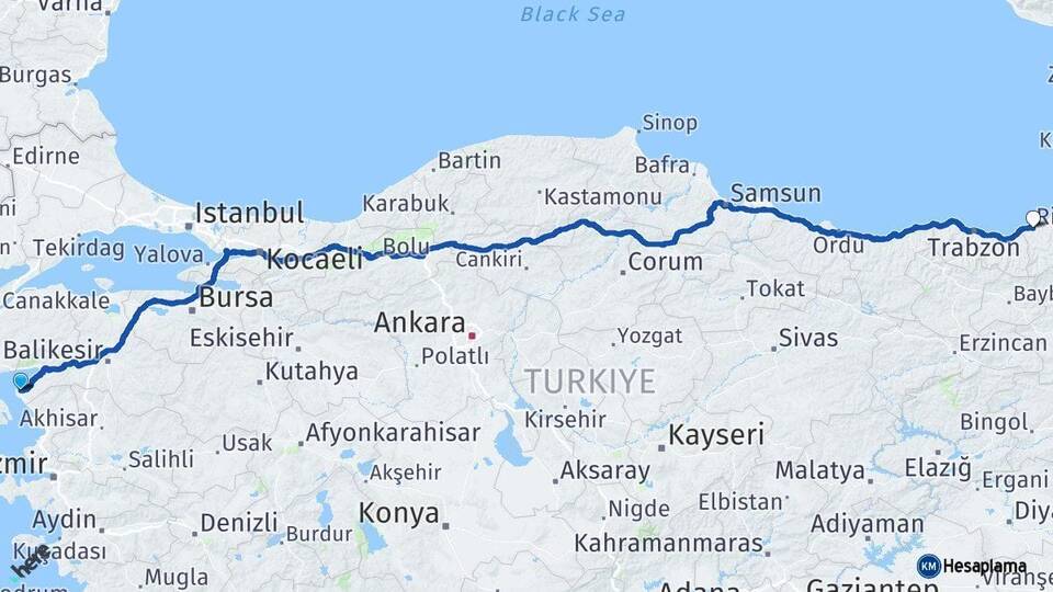 Balıkesir Ayvalık Rize Arası Kaç Km - Yol Haritası