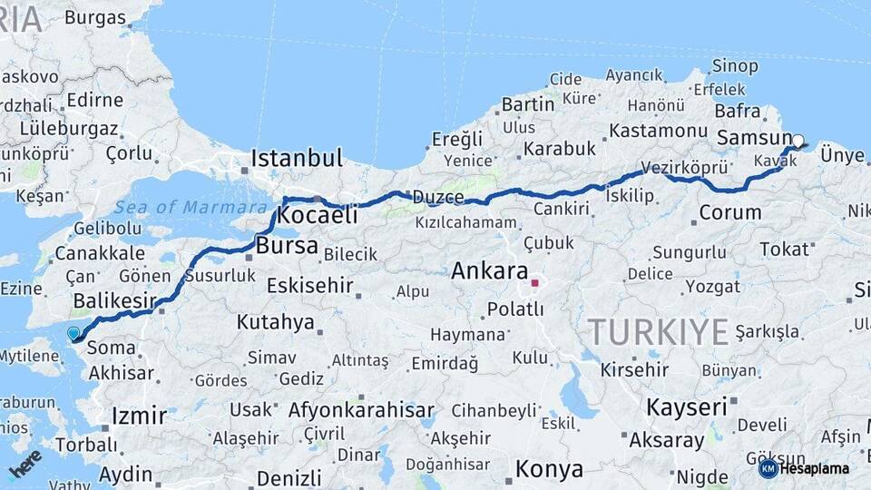 Balıkesir Ayvalık Samsun Arası Kaç Km - Yol Haritası