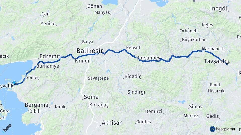 Balıkesir Ayvalık Tavşanlı Kütahya Arası Kaç Km - Yol Haritası
