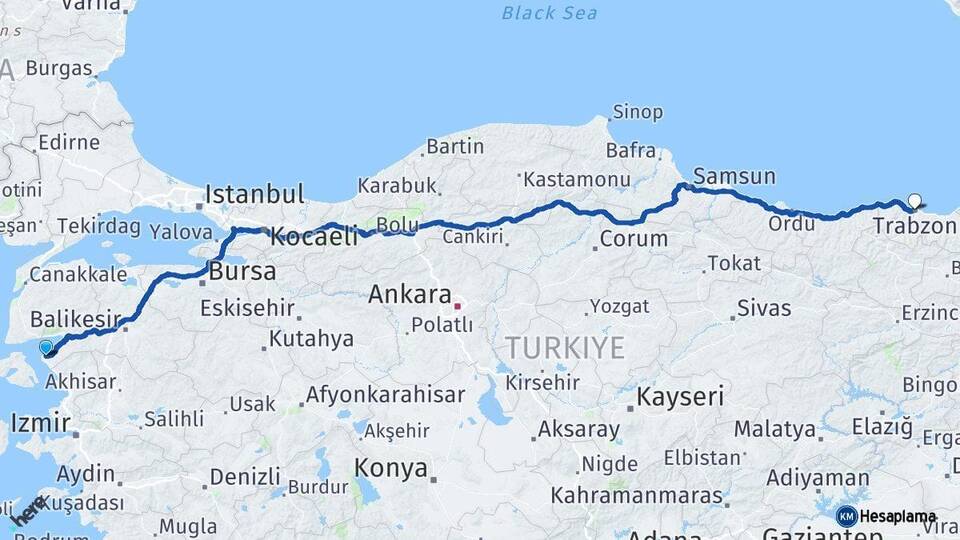 Balıkesir Ayvalık Trabzon Arası Kaç Km - Yol Haritası