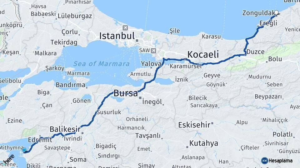 Balıkesir Ayvalık Zonguldak Arası Kaç Km - Yol Haritası