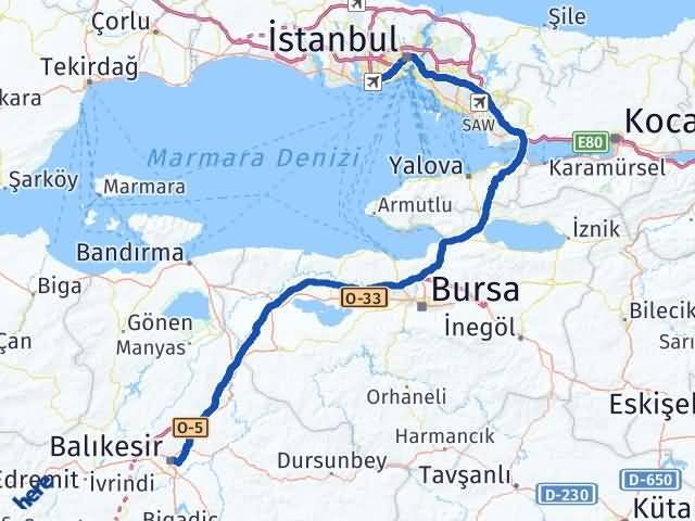 Balıkesir Bahçelievler İstanbul Arası Kaç Km - Yol Haritası