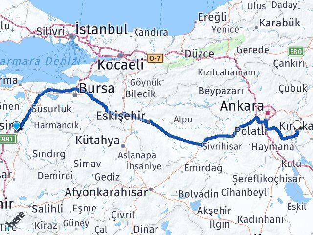 Balıkesir Bahşili Kırıkkale Arası Kaç Km - Yol Haritası