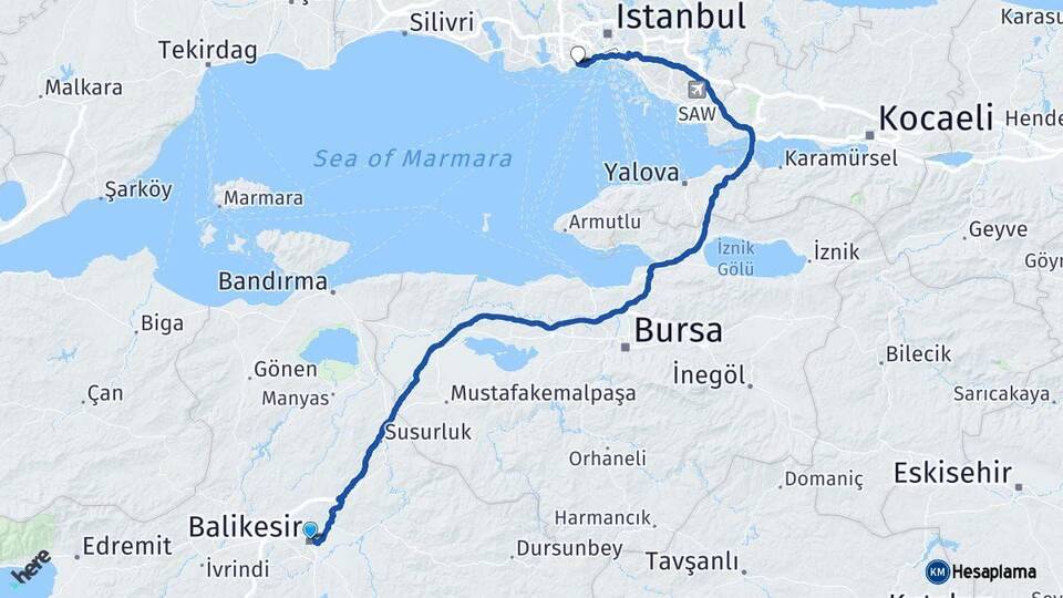 Balıkesir Bakırköy İstanbul Arası Kaç Km - Yol Haritası