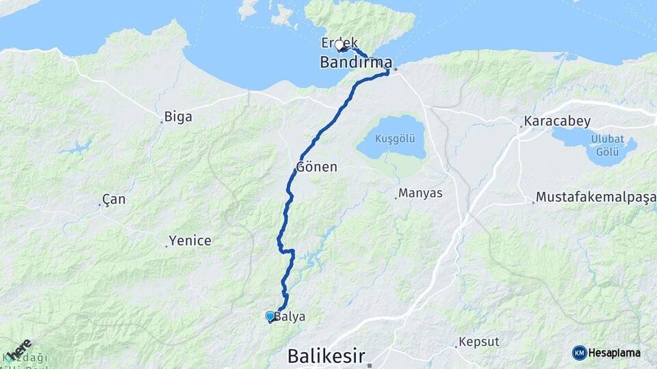 Balıkesir Balya Erdek Arası Kaç Km - Yol Haritası