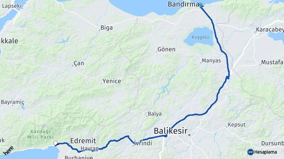 Balıkesir Bandırma Akçay Edremit Arası Kaç Km - Yol Haritası