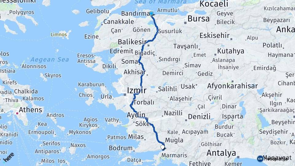 Balıkesir Bandırma Akyaka Ula Muğla Arası Kaç Km - Yol Haritası
