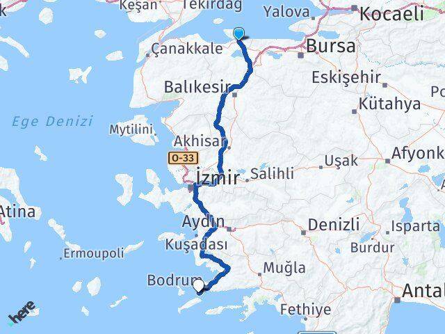 Balıkesir Bandırma Akyarlar Bodrum Muğla Arası Kaç Km - Yol Haritası