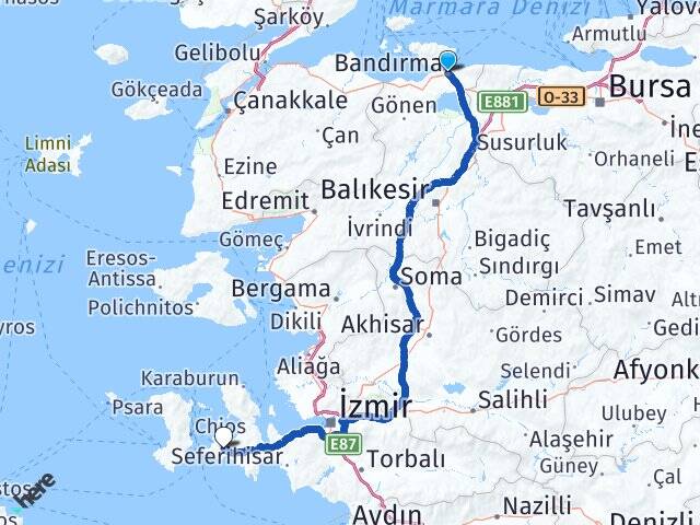 Balıkesir Bandırma Alaçatı Çeşme İzmir Arası Kaç Km - Yol Haritası