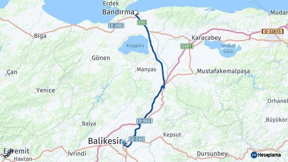 Balıkesir Bandırma Arası Kaç Km - Yol Haritası