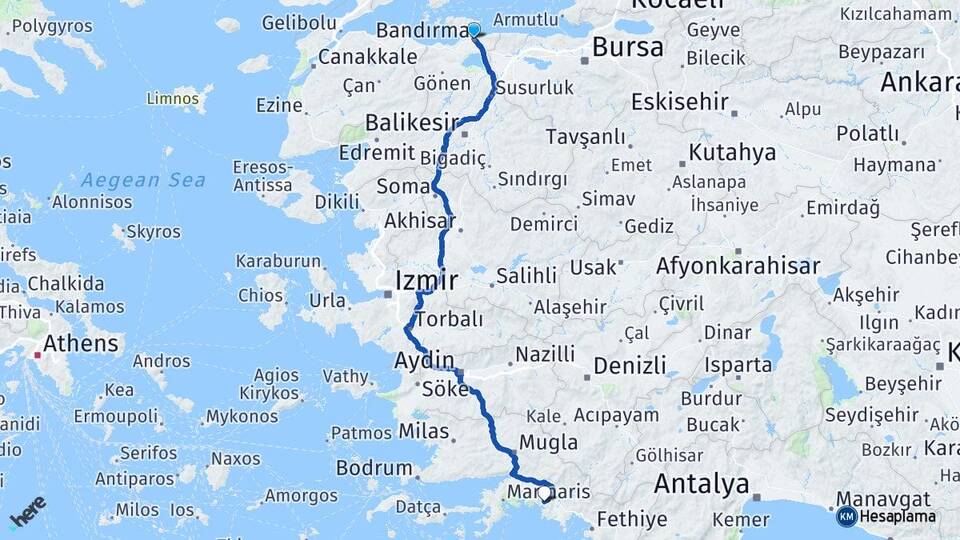 Balıkesir Bandırma Dalyan Ortaca Muğla Arası Kaç Km - Yol Haritası