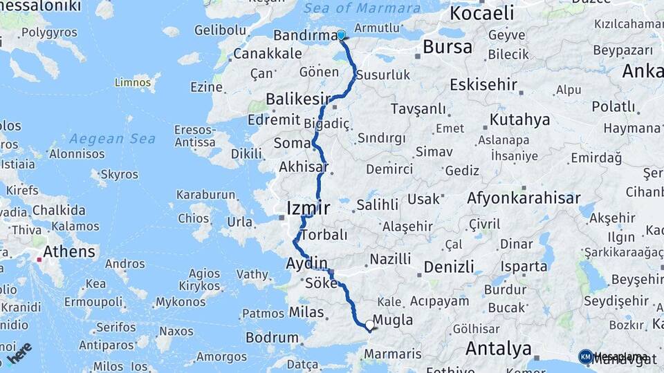 Balıkesir Bandırma Kötekli Menteşe Muğla Arası Kaç Km - Yol Haritası