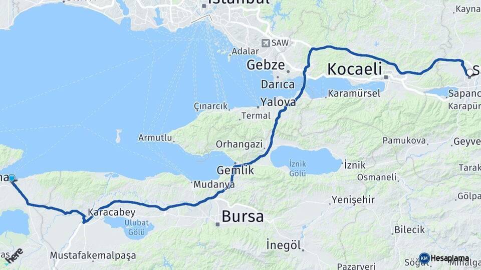 Balıkesir Bandırma Sakarya Arası Kaç Km - Yol Haritası