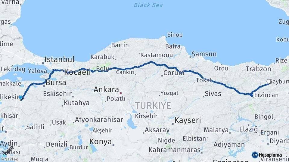 Balıkesir Bayburt Arası Kaç Km - Yol Haritası