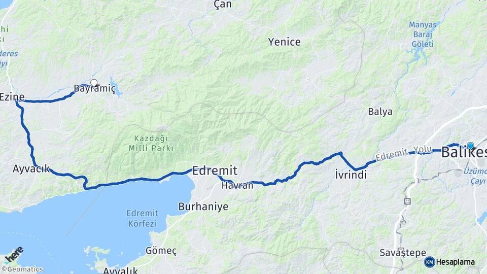 Balıkesir Bayramiç Çanakkale Arası Kaç Km - Yol Haritası