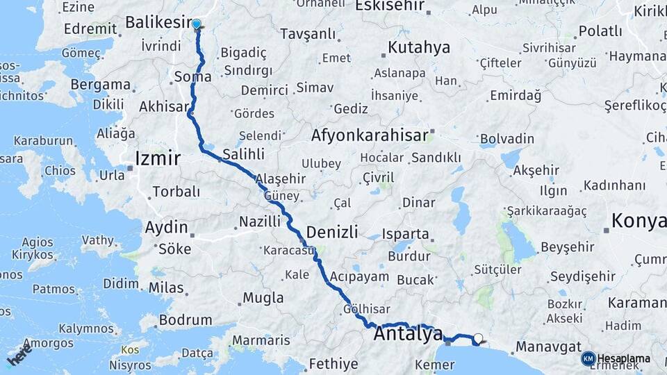 Balıkesir Belek Serik Antalya Arası Kaç Km - Yol Haritası