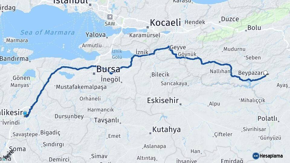 Balıkesir Beypazarı Ankara Arası Kaç Km - Yol Haritası
