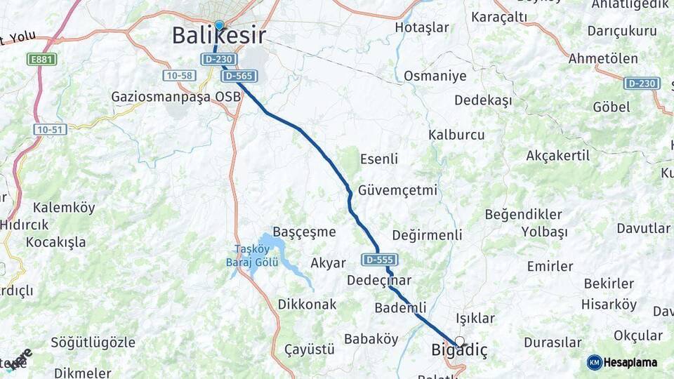 Balıkesir Bigadiç Arası Kaç Km - Yol Haritası