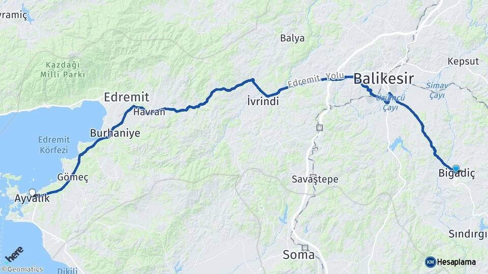 Balıkesir Bigadiç Ayvalık Arası Kaç Km - Yol Haritası