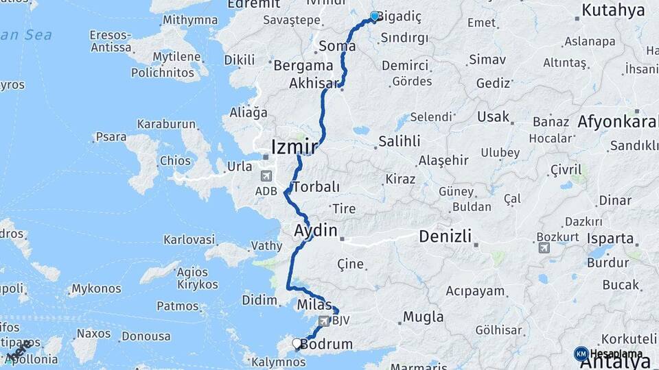Balıkesir Bigadiç Bodrum Muğla Arası Kaç Km - Yol Haritası