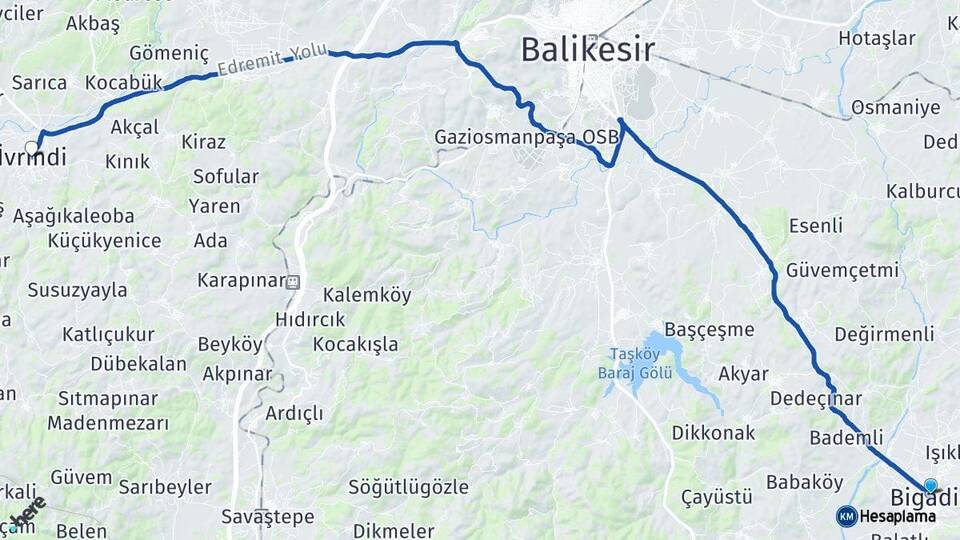 Balıkesir Bigadiç İvrindi Arası Kaç Km - Yol Haritası