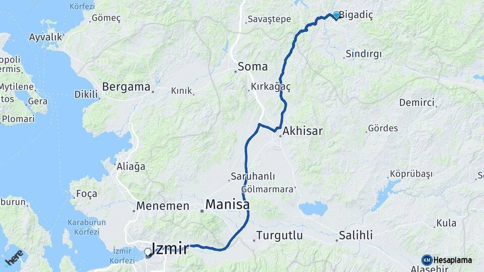 Balıkesir Bigadiç İzmir Arası Kaç Km - Yol Haritası