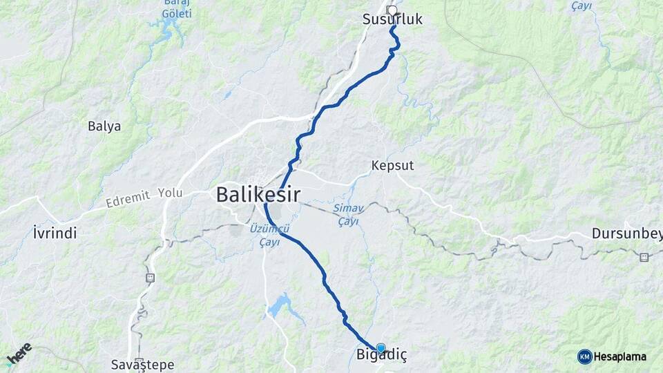 Balıkesir Bigadiç Susurluk Arası Kaç Km - Yol Haritası