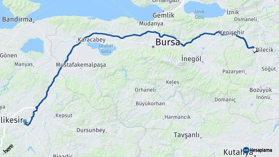 Balıkesir Bilecik Arası Kaç Km - Yol Haritası