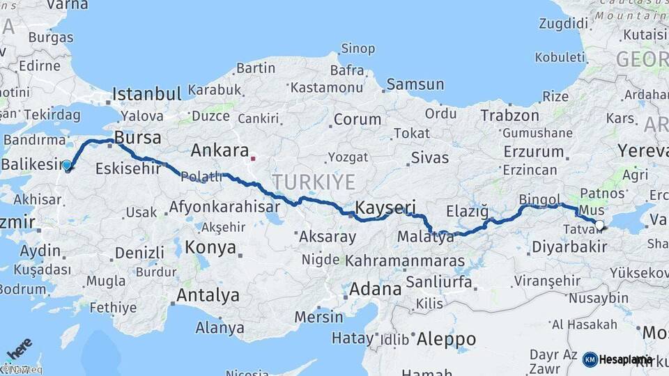 Balıkesir Bitlis Arası Kaç Km - Yol Haritası