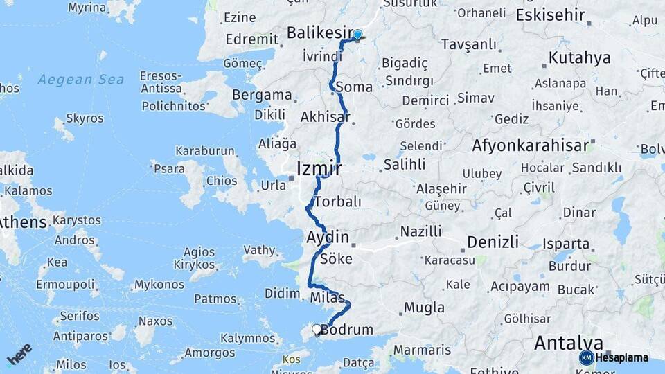 Balıkesir Bodrum Muğla Arası Kaç Km - Yol Haritası
