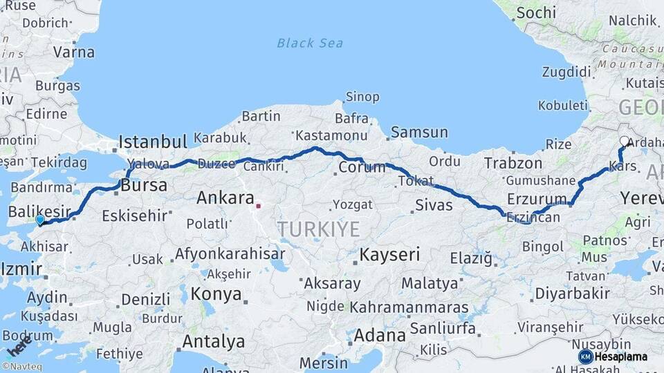 Balıkesir Burhaniye Ardahan Arası Kaç Km - Yol Haritası