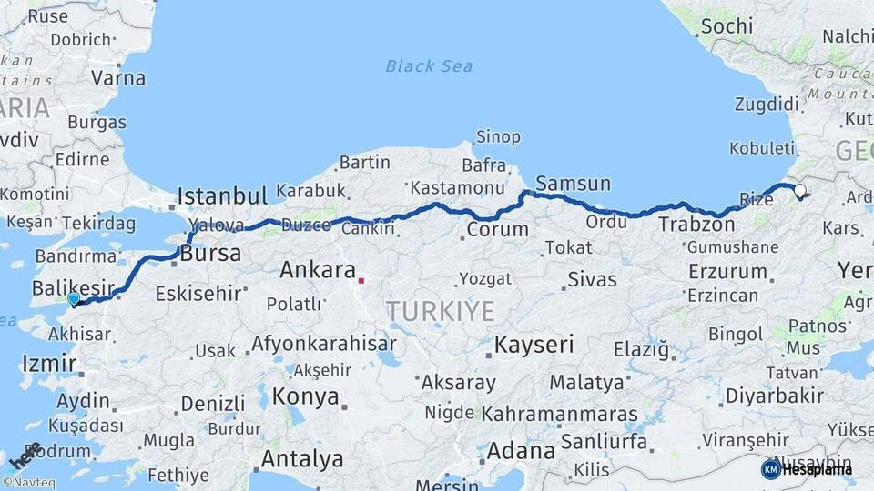 Balıkesir Burhaniye Artvin Arası Kaç Km - Yol Haritası
