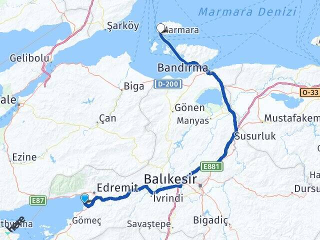 Bahçelievler Marmara Adası Feribot İskelesi Arası Kaç Km - Yol Tarifi