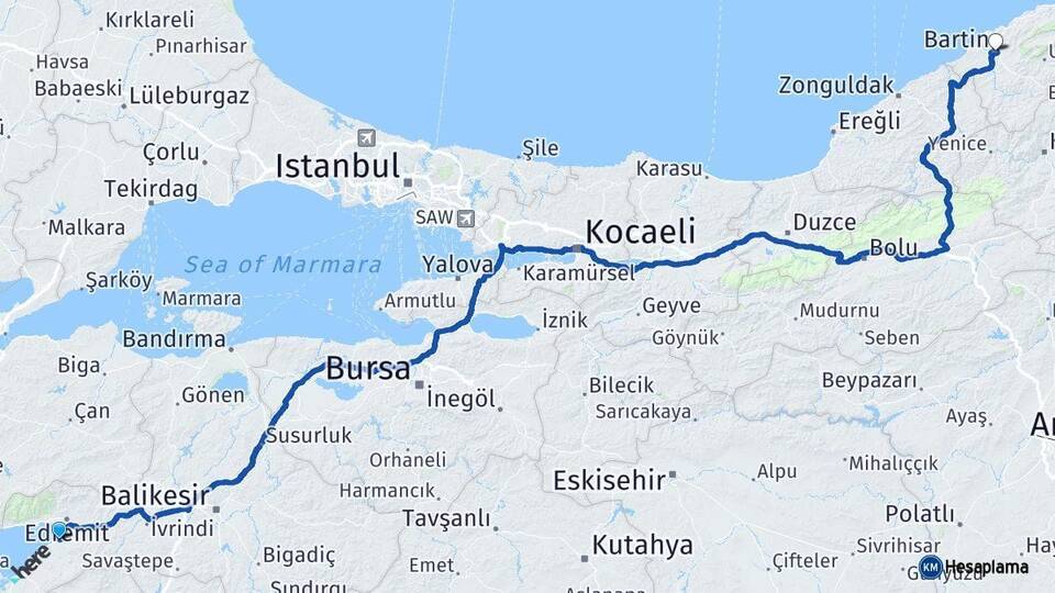 Balıkesir Burhaniye Bartın Arası Kaç Km - Yol Haritası