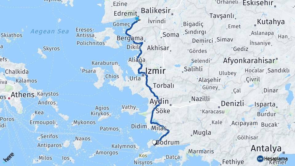 Balıkesir Burhaniye Bodrum Muğla Arası Kaç Km - Yol Haritası