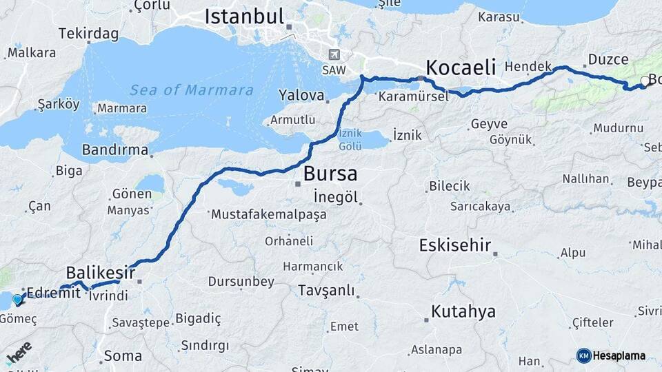 Balıkesir Burhaniye Bolu Arası Kaç Km - Yol Haritası
