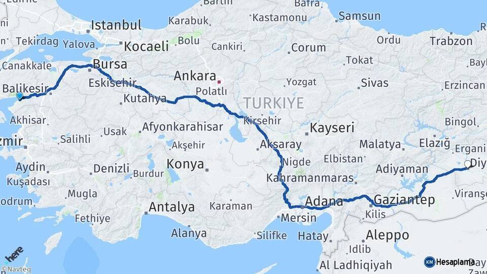 Balıkesir Burhaniye Diyarbakır Arası Kaç Km - Yol Haritası