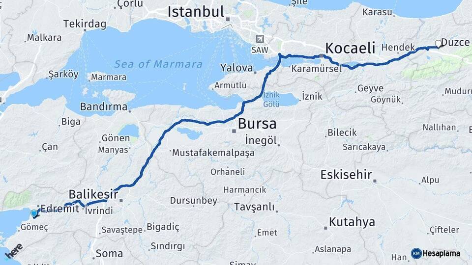 Balıkesir Burhaniye Düzce Arası Kaç Km - Yol Haritası