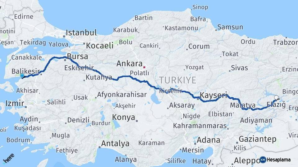 Balıkesir Burhaniye Elazığ Arası Kaç Km - Yol Haritası