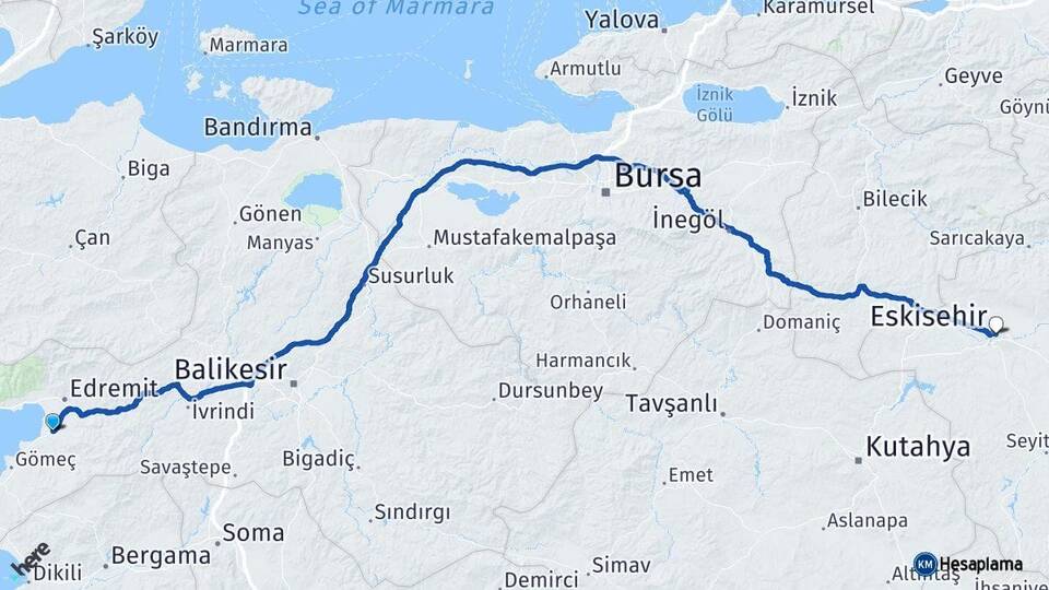 Balıkesir Burhaniye Eskişehir Arası Kaç Km - Yol Haritası
